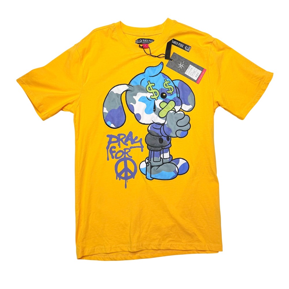 Black Pike Mens Graphic Tee Yellow Small Streetwear Camo Dog Peace Graffiti